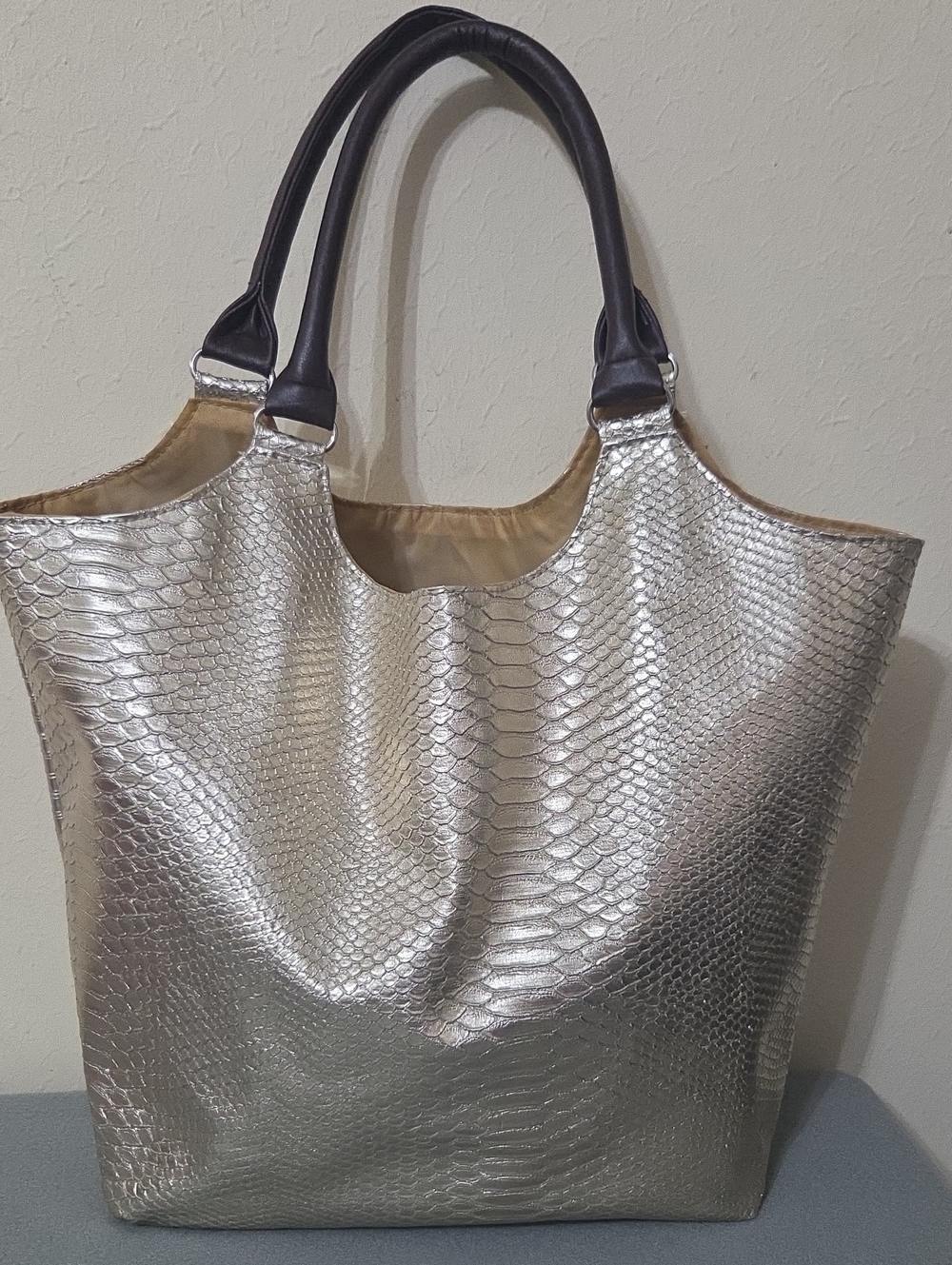 Neiman Marcus Metallic Gold Faux Snakeskin Tote Bag with Dark Brown Handles